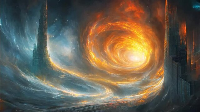 A fiery portal surrounded by tall structures, a swirling galaxy, and a gathering of figures in a dark, ethereal landscape
