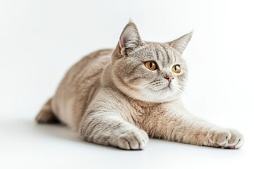 Alert British Shorthair cat lying on white background looking up
