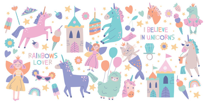 Set of cute unicorn doodles. Adorable pastel drawings with fairy tale characters, fairies, mermaid, princess castle, alpacas and sweets. Fantasy world magic elements. Flat vector isolated illustration