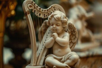 A young child with angel wings joyfully playing a harp, embodying innocence and musical talent in a...