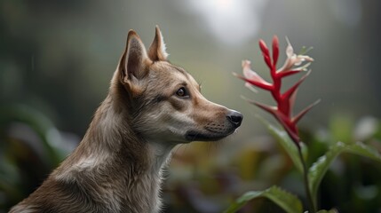 Fototapeta premium A tight shot of a dog beside a flowering plant with a crimson blossom in the foreground and an out-of-focus backdrop