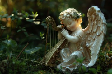 A young child with angel wings joyfully playing a harp, embodying innocence and musical talent in a...