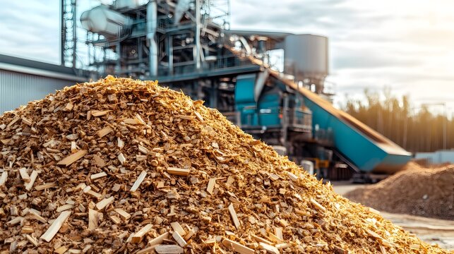 Large pile of wood chips ready to be processed into biomass fuel for renewable energy production  Industrial machinery and equipment in the background of the natural forest landscape