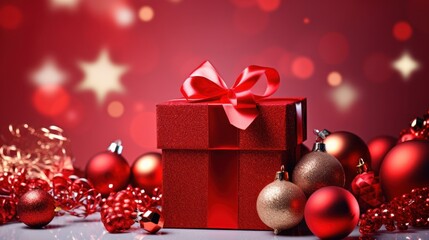 Christmas fir branches, red gift boxes tied with red ribbons, 