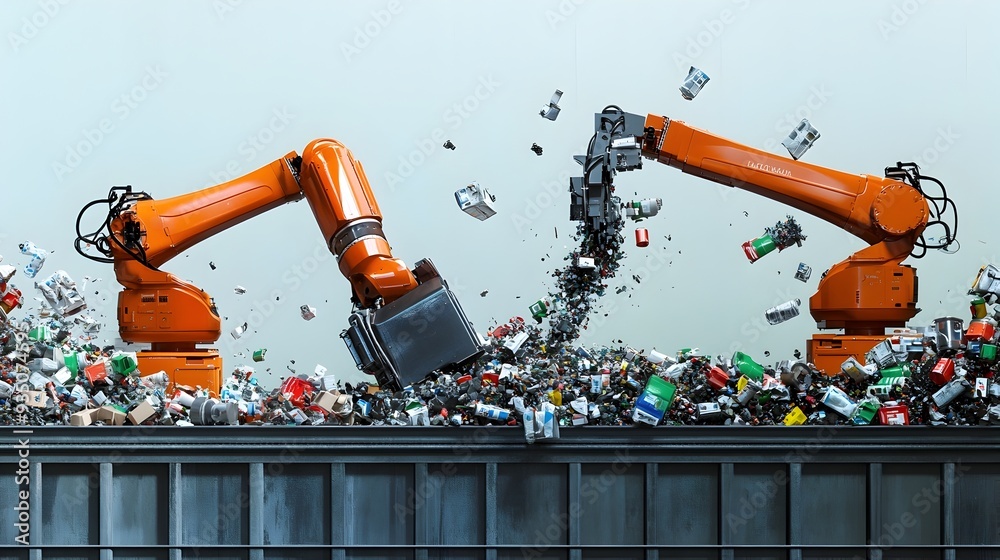 Poster automated recycling sorting system with robotic arms and sensors in an industrial facility efficient