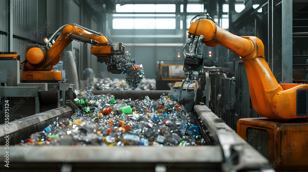 Poster automated recycling sorting system robotic arms and sensors in action efficiently sorting and separa