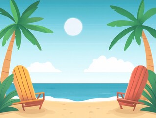 Illustration of a serene tropical beach with palm trees, two colorful chairs, and a bright sun, perfect for vacation themes.