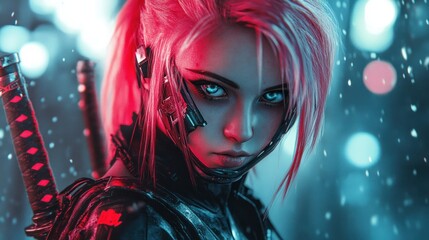 Woman cyberpunk cyborg assassin character anime style mysterious dangerous sharp gaze background wallpaper AI generated image