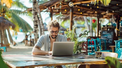 Fototapeta premium Digital nomad or remote worker enjoying the freedom of working from a laptop at a lively beachside cafe, surrounded by a vibrant atmosphere