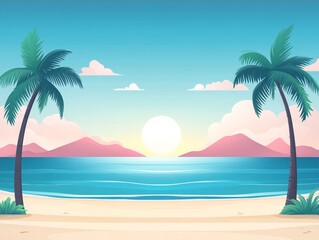 Fototapeta premium A serene beach scene with palm trees and mountains under a sunset sky, ideal for vacation and tropical paradise themes.