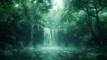 Fototapeta premium A Lush, Forested Waterfall in a Mystical Setting