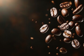 Floating coffee beans with a dark, warm backdrop