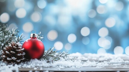 Christmas - Banner Of Red Ornament, Pine-cones And Branches On Snowy Wooden Table With Blue Bokeh Background with generative ai