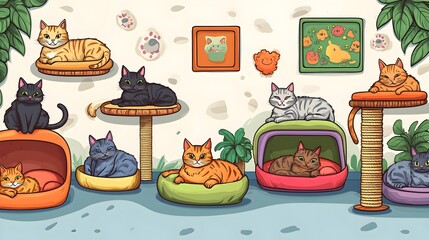 Cozy Cartoon Cats Lounging in Colorful Cat Beds with Playful Wall Art and Greenery Decor