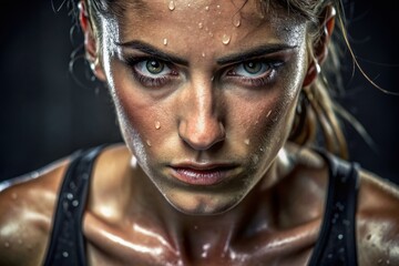 Determined female athlete in intense focus, sweat dripping down her face, glistening eyes fixed on the prize, exuding strength and unyielding dedication.