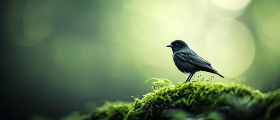 Obraz premium A small black bird perches on a moss-covered tree branch, surrounded by a forest teeming with lush green leaves