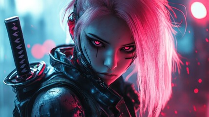 Woman cyberpunk cyborg assassin character anime style mysterious dangerous sharp gaze background wallpaper AI generated image