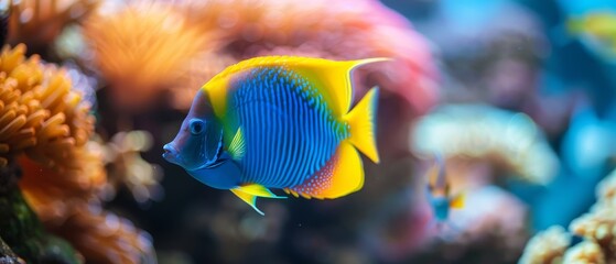 Obraz premium A blue-yellow fish swims among corals, surrounded by more corals in the background