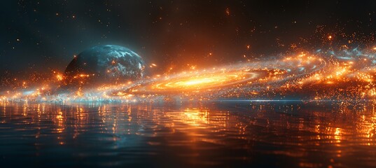 Abstract illustration of a black holes tidal forces stretching a 3D planet into a long stream of matter with 2D light waves being pulled into the event horizon visualizing the cosmic destruction