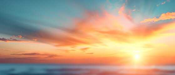 Fototapeta premium The sun sets over the ocean, adorned with clouds in the sky, as a plane traverses it