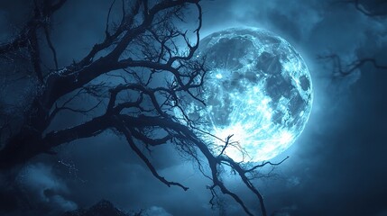 Fototapeta premium Blue Moon's Embrace: A haunting blue moon illuminates a gnarled, leafless tree against a stormy night sky. 