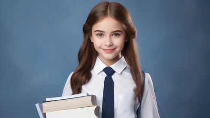 Obraz premium Young girl with backpack smiling confidently in school uniform