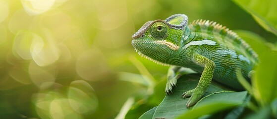 Fototapeta premium A chameleon, green and camouflaged, perches atop a verdant, leafy plant Sunlight filters through the greenery above, casting dappled