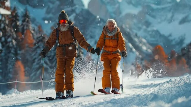 Seniors enjoy cross-country skiing together in snowy mountains during winter
