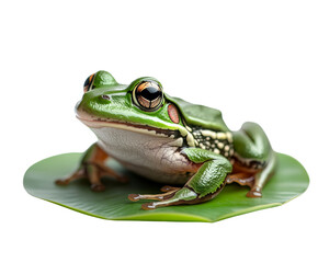 Obraz premium Close-up image of a vibrant green frog sitting on a leaf. Perfect for nature, wildlife, and amphibian enthusiasts.