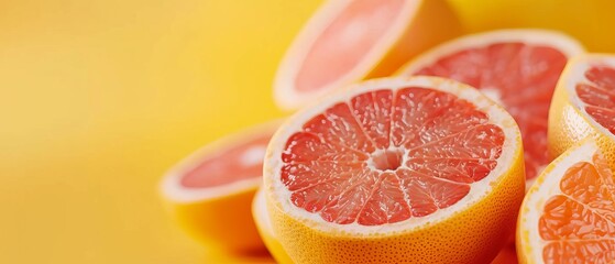  A collection of halved grapefruits on a yellow background with additional whole grapefruits in the backdrop