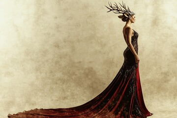 Elegant woman in fantasy gown with antler headdress