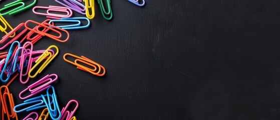 A collection of vibrant paper clips sits atop a black table, near a blackboard adorned with writing
