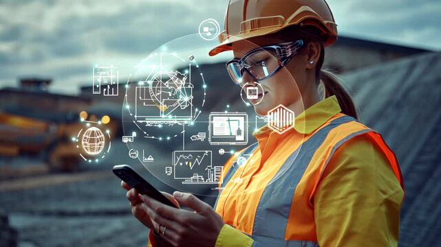 Construction Innovation: Female Engineer Navigating Digital Blueprints on Smartphone at bustling worksite