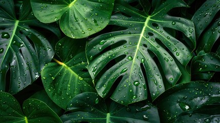Fototapeta premium Wet Monstera deliciosa plant leaves in a garden , ai