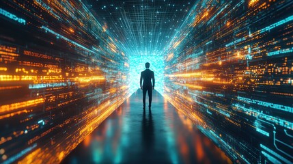 A Man Walking Through a Digital Tunnel of Light and Data