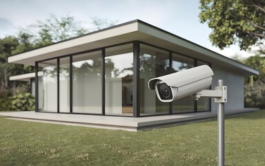 A photo of a minimalist house with a white CCTV camera installed in the front corner.