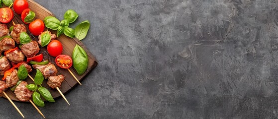  A cutting board, crafted from wood, bears meat and vegetable skewers atop it Tomatoes and basil sit adjacent