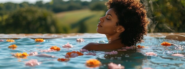 black , african american woman in outdoor bath. take care of yourself, unity with nature concept. balance in rustic, eco-friendly retreat. banner