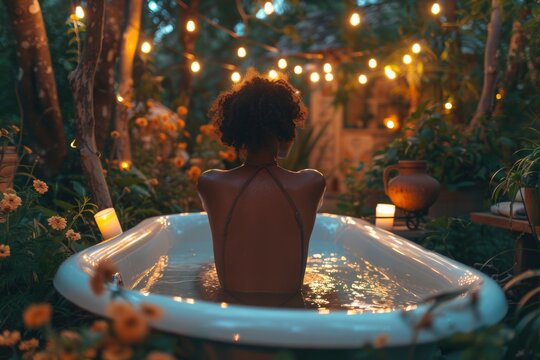 black , african american woman in outdoor bath in blurred autumn background. take care of yourself, unity with nature concept. moments of relax - Powered by Adobe