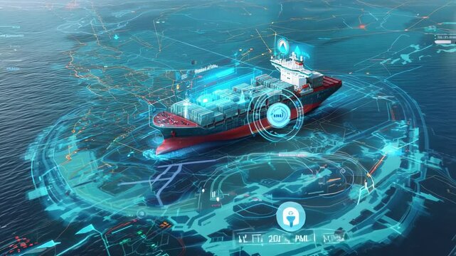 Futuristic ship technology interface displaying navigation data and maritime analytics over ocean backdrop.