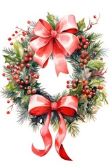 Christmas wreath of leaves, berries, flowers and red flowers on a white background.