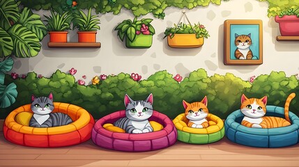 Naklejka premium Cartoon Cats Relaxing in Colorful Cat Beds with Playful Wall Decor and Greenery