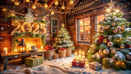 Charming wooden cabin decorated with Christmas lights, nestled in a snowy winter landscape. A beautifully lit Christmas tree stands in front, surrounded by snow-covered trees, creating a cozy and magi