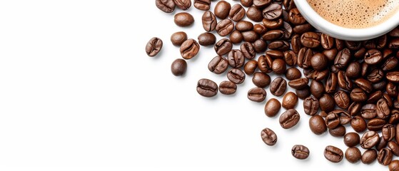 Obraz premium A cup of coffee atop beans - some raw, others roasted