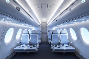 Fototapeta premium Empty airplane cabin with seats. This photo is perfect for projects about travel, aviation, and transportation.