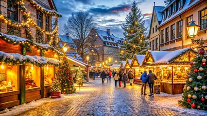 Charming Christmas market in a picturesque European town, featuring snow-covered stalls adorned...