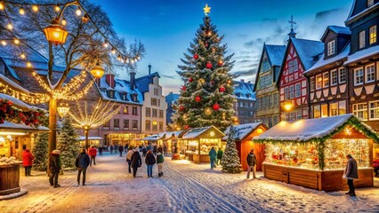 Naklejka premium Charming Christmas market in a picturesque European town, featuring snow-covered stalls adorned with festive lights and decorations. Shoppers stroll through the cobblestone streets, enjoying the warm,