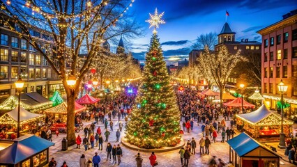 Obraz premium Charming Christmas market in a picturesque European town, featuring snow-covered stalls adorned with festive lights and decorations. Shoppers stroll through the cobblestone streets, enjoying the warm,