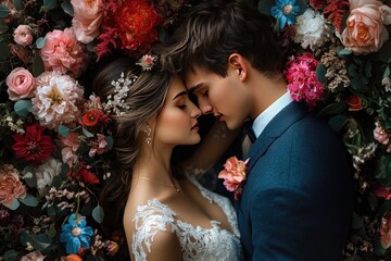 Bride and groom embrace surrounded by flowers. This photo is perfect for wedding, love