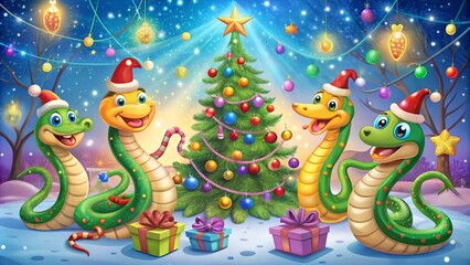 Obraz premium Festive Christmas scene featuring a cheerful snake wearing a Santa hat, surrounded by decorated Christmas trees, glowing lights, and wrapped presents. The whimsical and playful atmosphere captures the